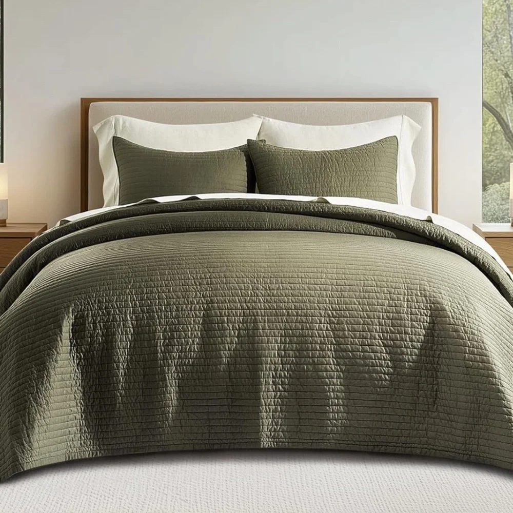 🆕 PB Style Quilt Set Olive Green Sateen Cotton Channel King 3 Piece Bedding NEW